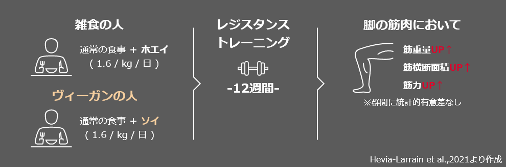 雑食の人 通常の食事 ＋ ホエイ( 1.6 / kg / 日 ) ヴィーガンの人 通常の食事 ＋ ソイ( 1.6 / kg / 日 ) レジスタンス トレーニング 12週間 脚の筋肉において 筋重量UP 筋横断面積UP 筋力UP ※群間に統計的有意差なし Hevia-Larrain et al.,2021より作成